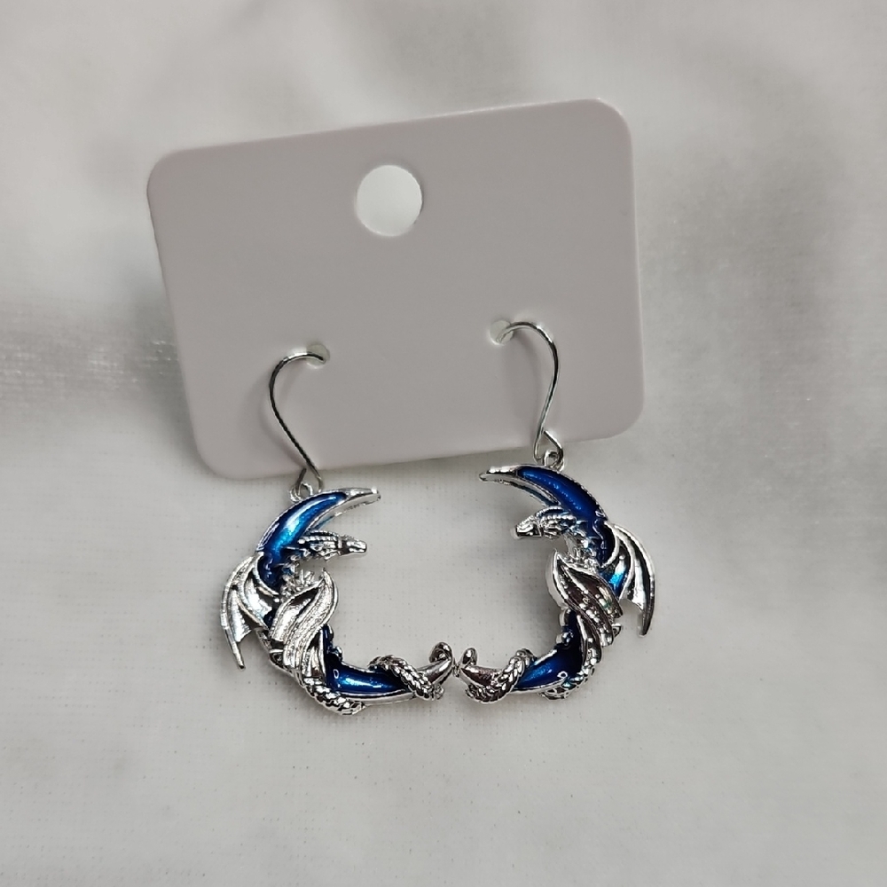Blue Silver Dragon Dangle Earrings Punk Goth Halloween Fashion Earrings NWOT